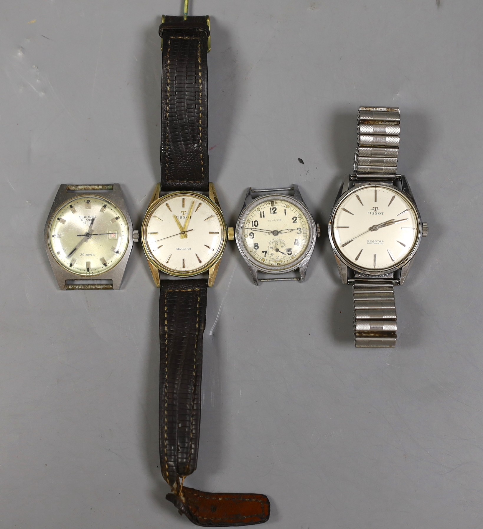 Two gentleman's Tissot Seastar steel or steel and gold plated wrist watches, including automatic and two other wristwatches, Timor and Sekonda